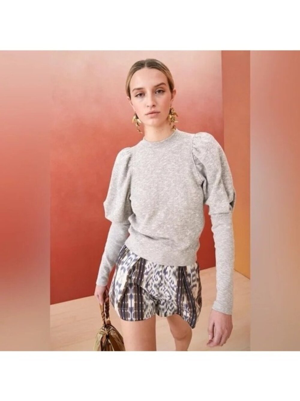 Ulla Johnson Philo Puff Sleeve Crewneck Pullover Sweatshirt Light Grey XS